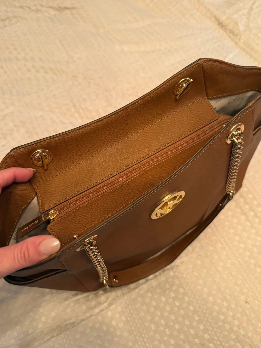 Michael Kors Cognac Saffiano Leather Tote with Gold Chain Straps